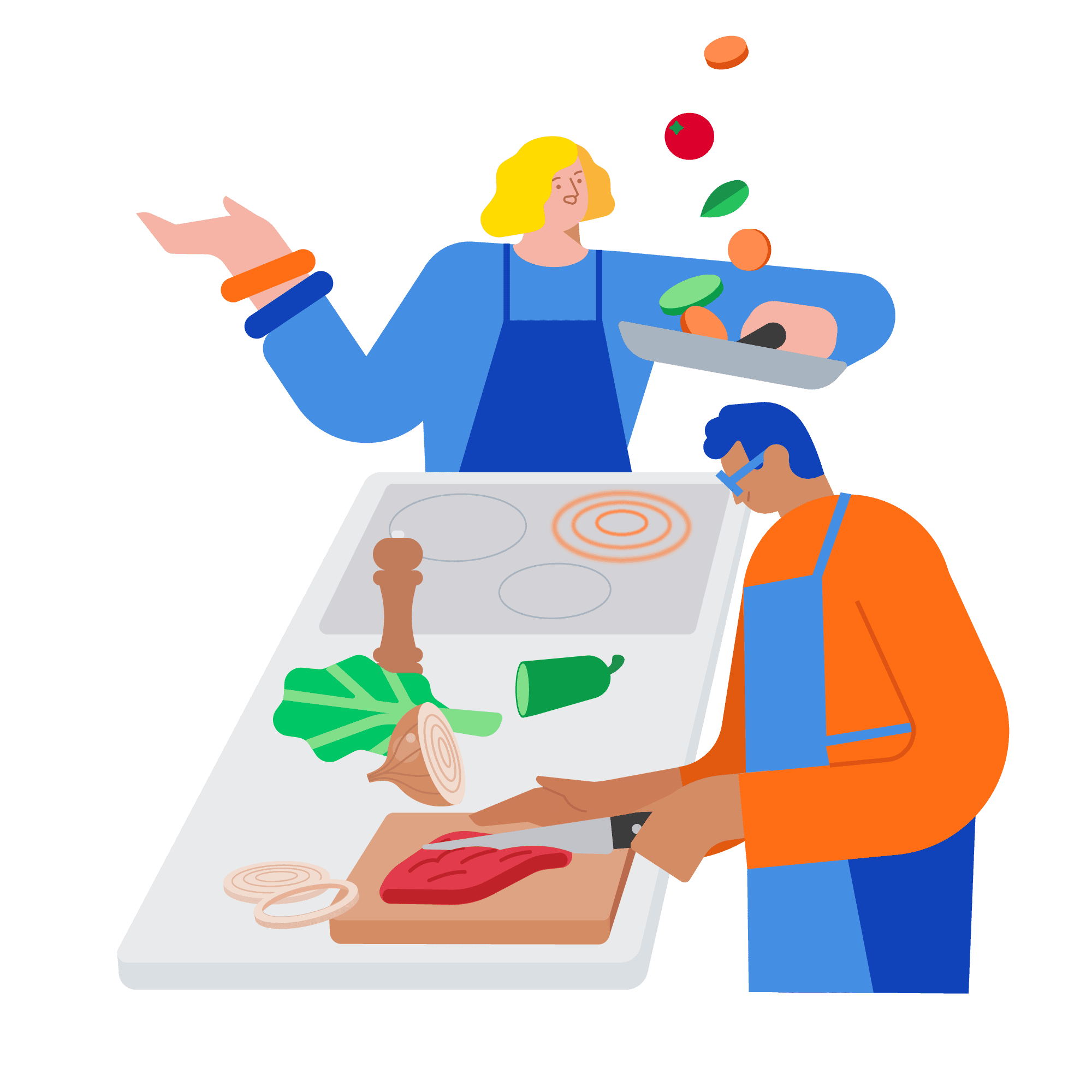 Illustration Menschen in der Küche Immunbooster Initiative Fleisch